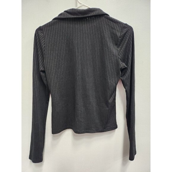 Moa Moa Womens Crop Top Size Medium Black Ribbed Collared Long Sleeve Pullover - Picture 4 of 5